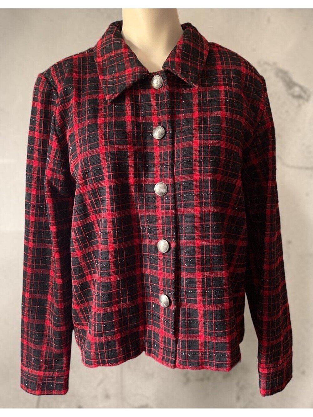 Vintage 90s Christopher & Banks Size S Black Red Madras Plaid Long Slv Shacket